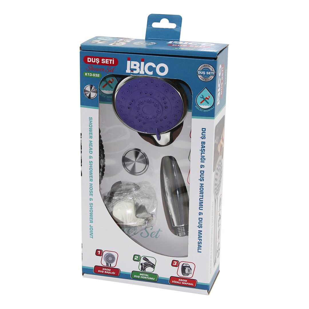 İBİCO K13-032 (KUTULU AMBALAJ) (3İN1) DUŞ SETİ ( FONKSİYONLU KROM DUŞ BAŞLIK & METAL DUŞ HORTUM & MAFSAL=ASKI VİDALI )*36                                 kpy161