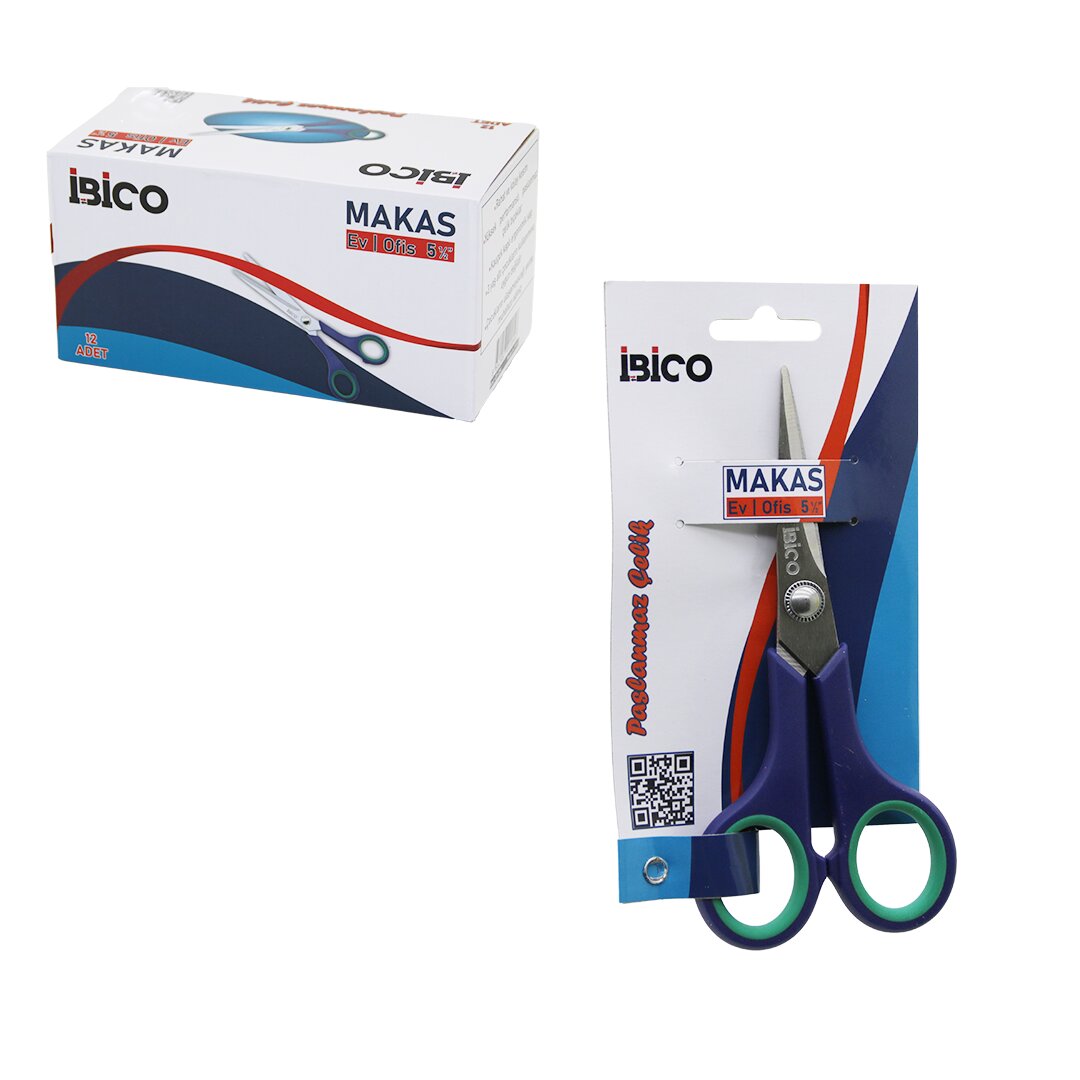İBİCO İ20-014 ( 5 ½ & 14CM ) ( KÜÇÜK ) EV & OFİS MAKAS ( PASLANMAZ ÇELİK ) ( YEŞİL & LACİVERT KAUÇUK KAPLI ERGONOMİK SAP )*12X30