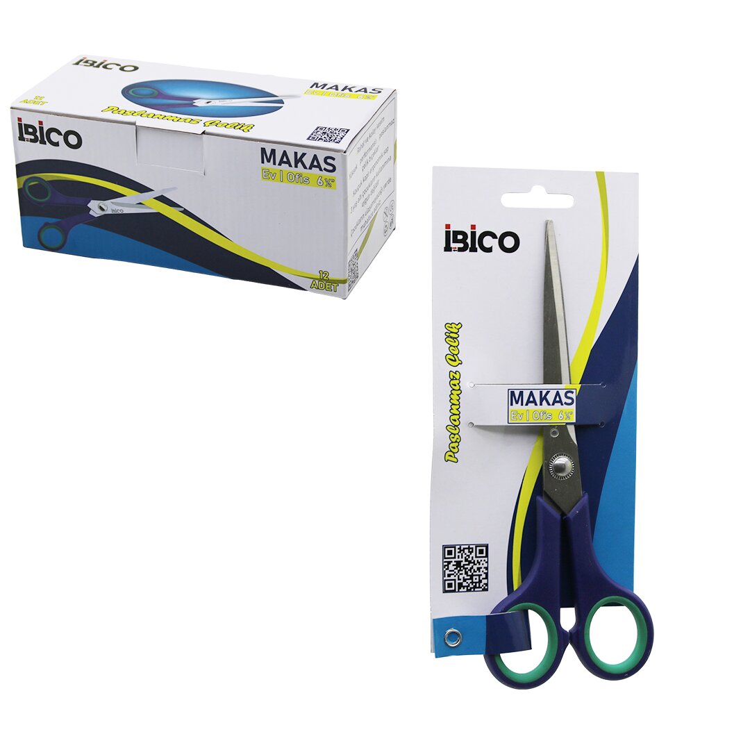 İBİCO İ20-015 ( 6 ½ & 17.5CM ) ( ORTA ) EV & OFİS MAKAS ( PASLANMAZ ÇELİK ) ( YEŞİL & LACİVERT KAUÇUK KAPLI ERGONOMİK SAP )*12X30