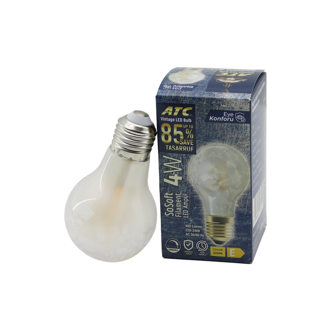 ATC-A60-SS VİNTAGE SOSOFT FİLAMENT (4W) LED AMPUL LAMBA (E27) (KIRILMAZ PLASTİK CAM) (400 LÜMEN) (2200K) (25.000 SAAT)*80