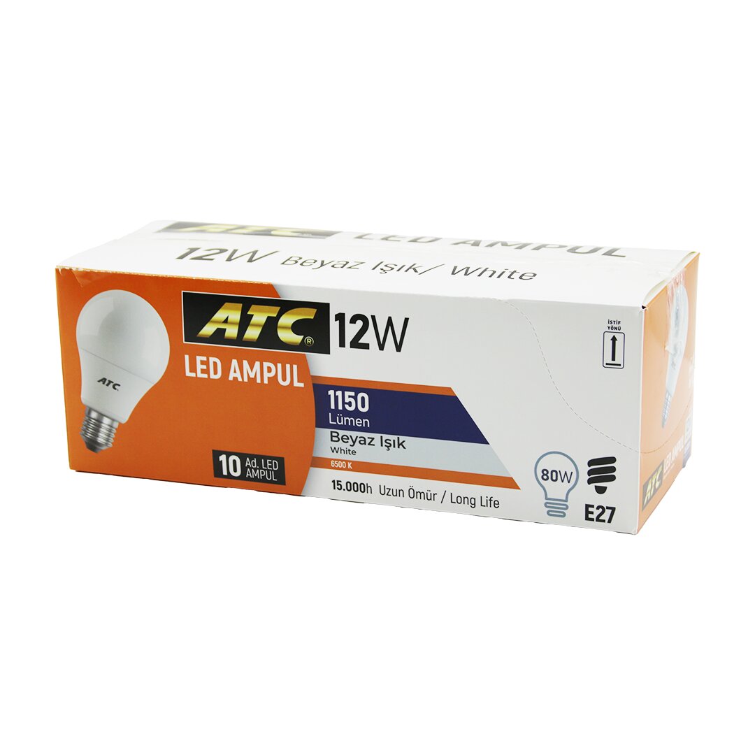 ATC ( 12W=80W ) ( E27 ) ( BEYAZ=6500K ) LED AMPUL LAMBA ( 1150 LÜMEN ) ( 15.000 SAAT ÖMÜR )*10X10