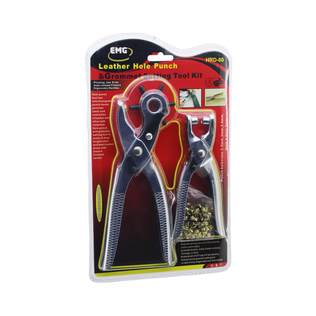 EMG TOOLS HRD-80 ( 2Lİ SET ) ( 6-DİŞLİ METAL KEMER DELME PENSESİ )  & ( PERÇİN PENSESİ )  ( + GOLD PERÇİN )*60