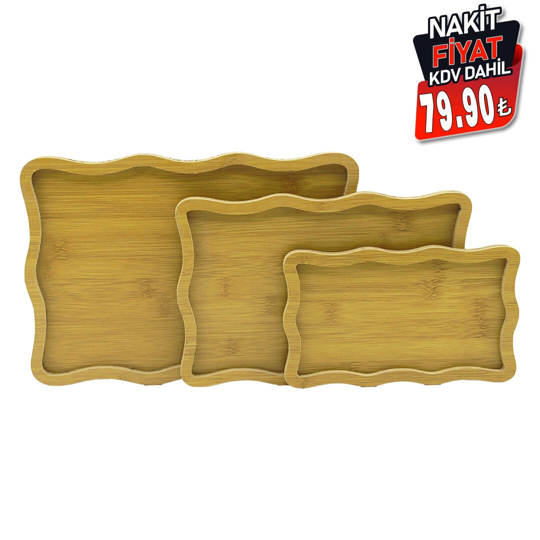 PABLITO HOME PBT-314 (DİKDÖRTGEN) (DALGALI KENAR) ( 3 BOY ) (AHŞAP MDF) SUNUM TEPSİ SETİ (13.5 X 23.5 -19.5 X 29.5- 23.5 X 33.5CM)*24=K                     qwe1
