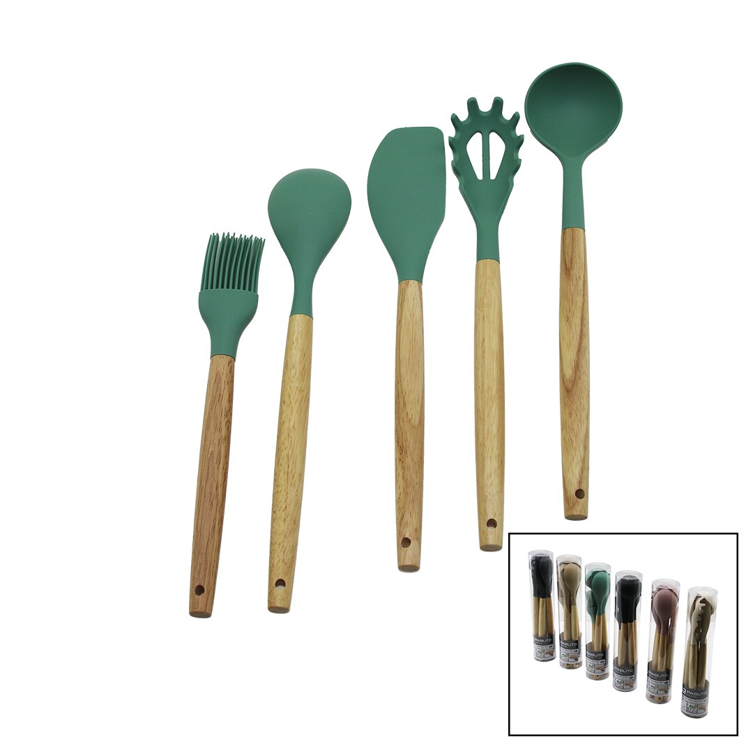 PABLITO PBT-513 (5PCS) (24.5-30CM) (R.SİLİKON) MUTFAK SERVİS SETİ (AHŞAP BAMBU SAP)(KAŞIK & KEPÇE & SPATULA & Y.FIRÇASI & S.KAŞIK)*24X2                     qwe3