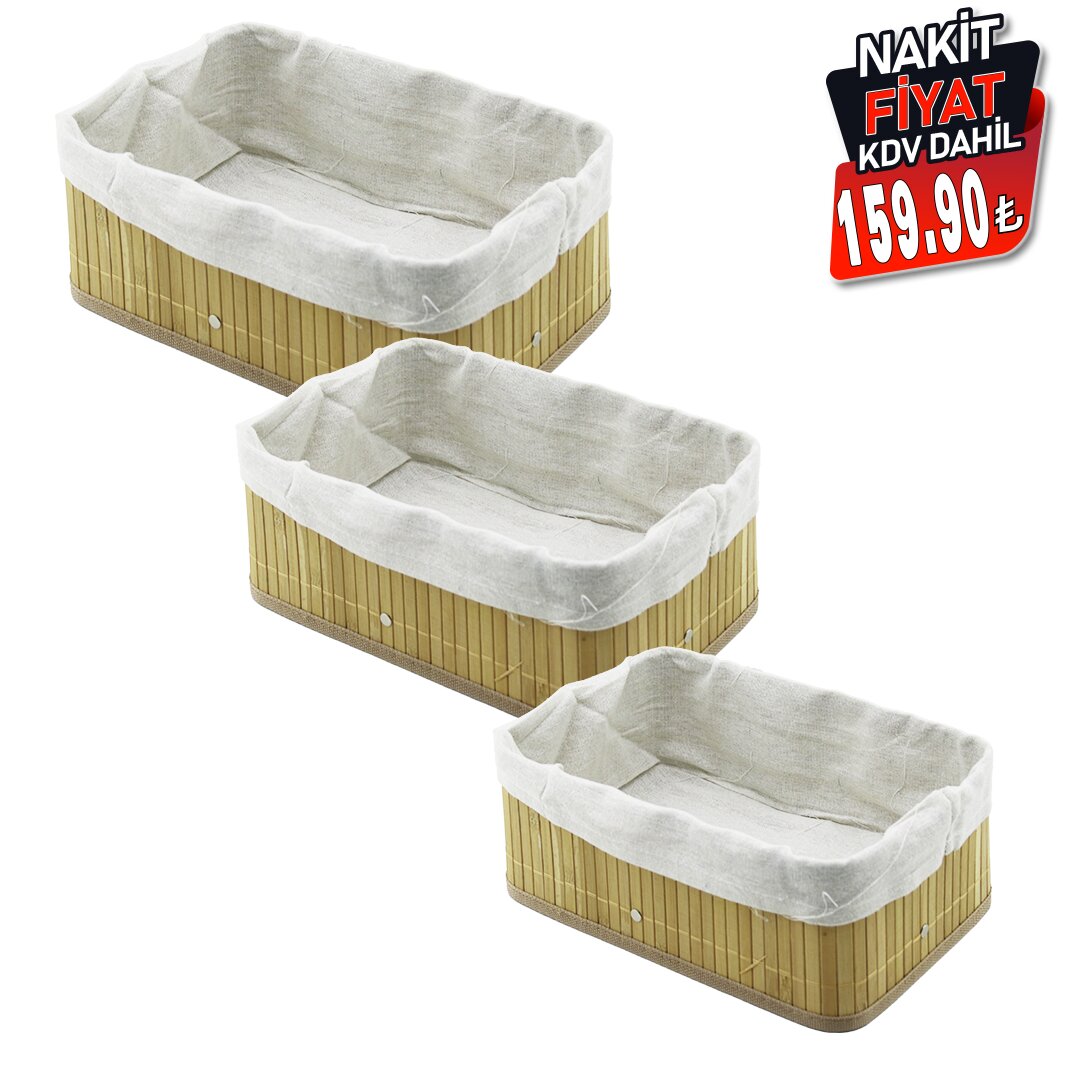 PABLITO HOME PBT-595 (3 BOY) (D.GEN) (BAMBU KENAR) ORGANİZER SEPET (AHŞAP ALTLIK & BEZLİ) (30X20X11.5 -25X16X9.7 -21X12X7.7CM)*20=K                     qwe4