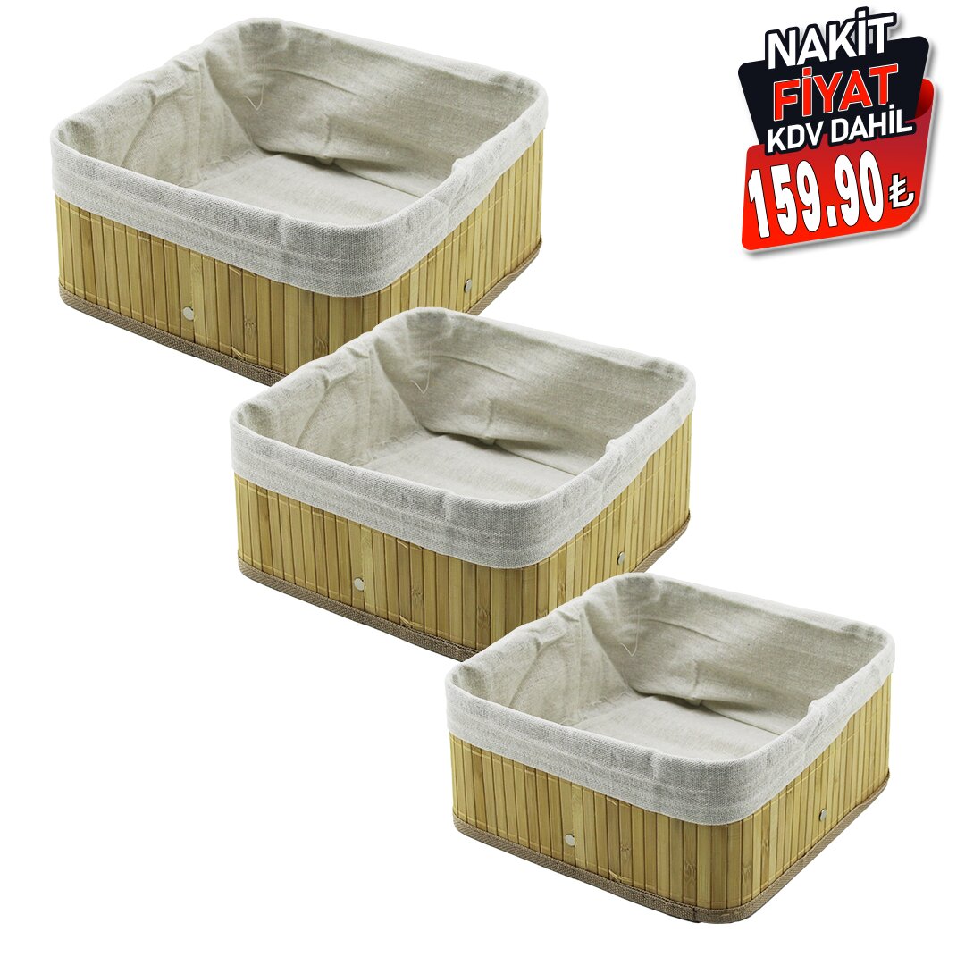 PABLITO HOME PBT-596 (3 BOY) (KARE) (BAMBU KENAR) ORGANİZER SEPET (AHŞAP ALTLIK & BEZLİ) (25X25X11.5 -20.5X20.5X9.7 -17X17X7.7CM)*20=K                     qwe4