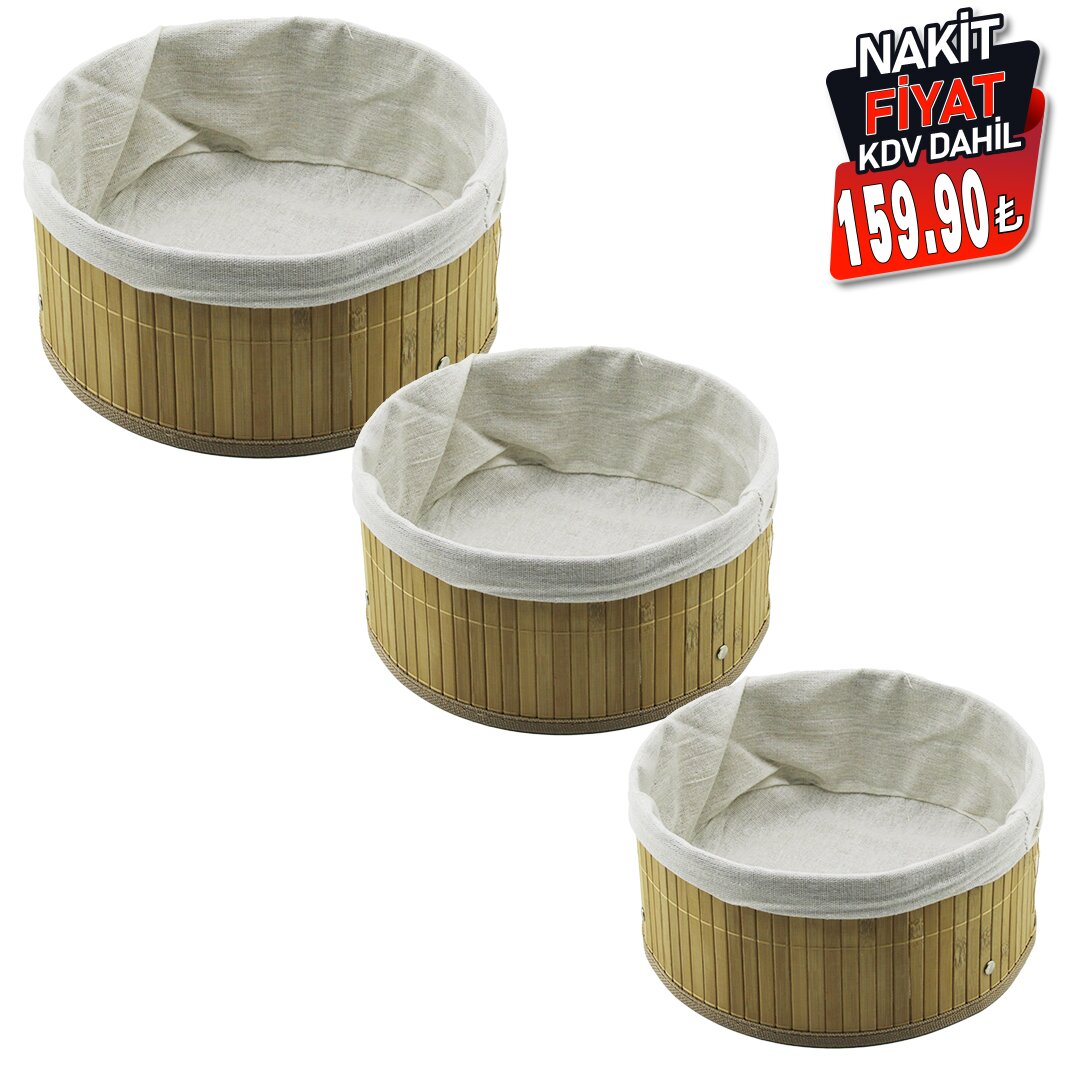 PABLITO HOME PBT-598 (3 BOY) (YUVARLAK) (BAMBU KENAR ) ORGANİZER SEPET (AHŞAP ALTLIK & BEZLİ) (24.5X11.5- 21X9.5- 17X7.7CM)*20=K                     qwe4