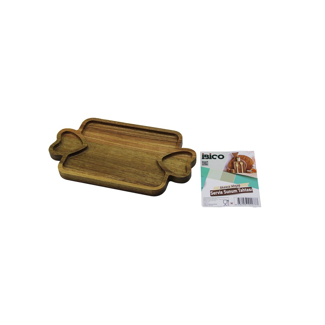 İBİCO İ22-277 (AKASYA) (D.GEN) ( 1+ 2 MİNİ KALP BÖLME & YAN KULP ) AHŞAP SERVİS SUNUM TEPSİ & TAHTASI (25 X 14 X 1.4CM)*50