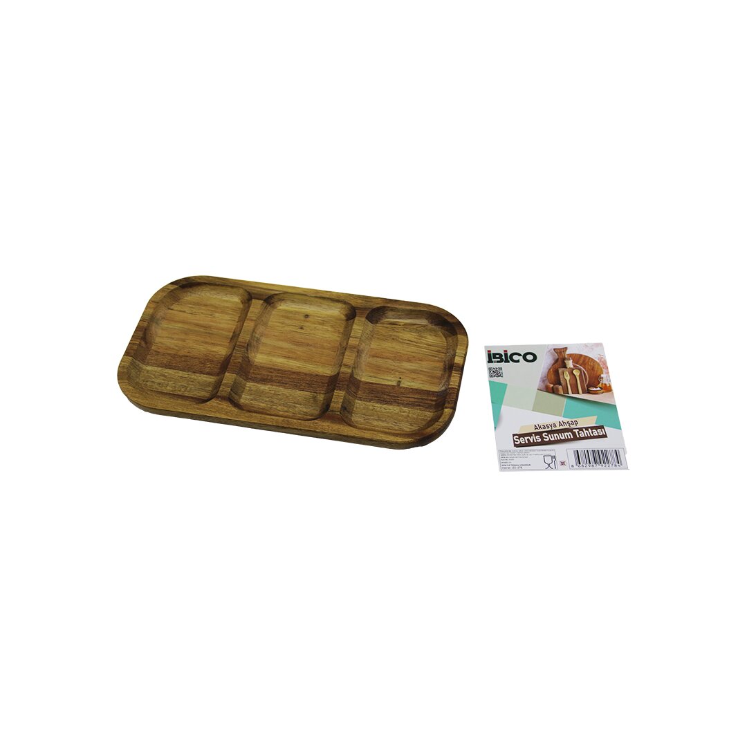 İBİCO İ22-278 ( AKASYA ) ( DİKDÖRTGEN ) ( 3 BÖLMELİ=2+1 ) AHŞAP SERVİS SUNUM TEPSİ & TAHTASI ( 25 X 14 X 1.4CM)*50