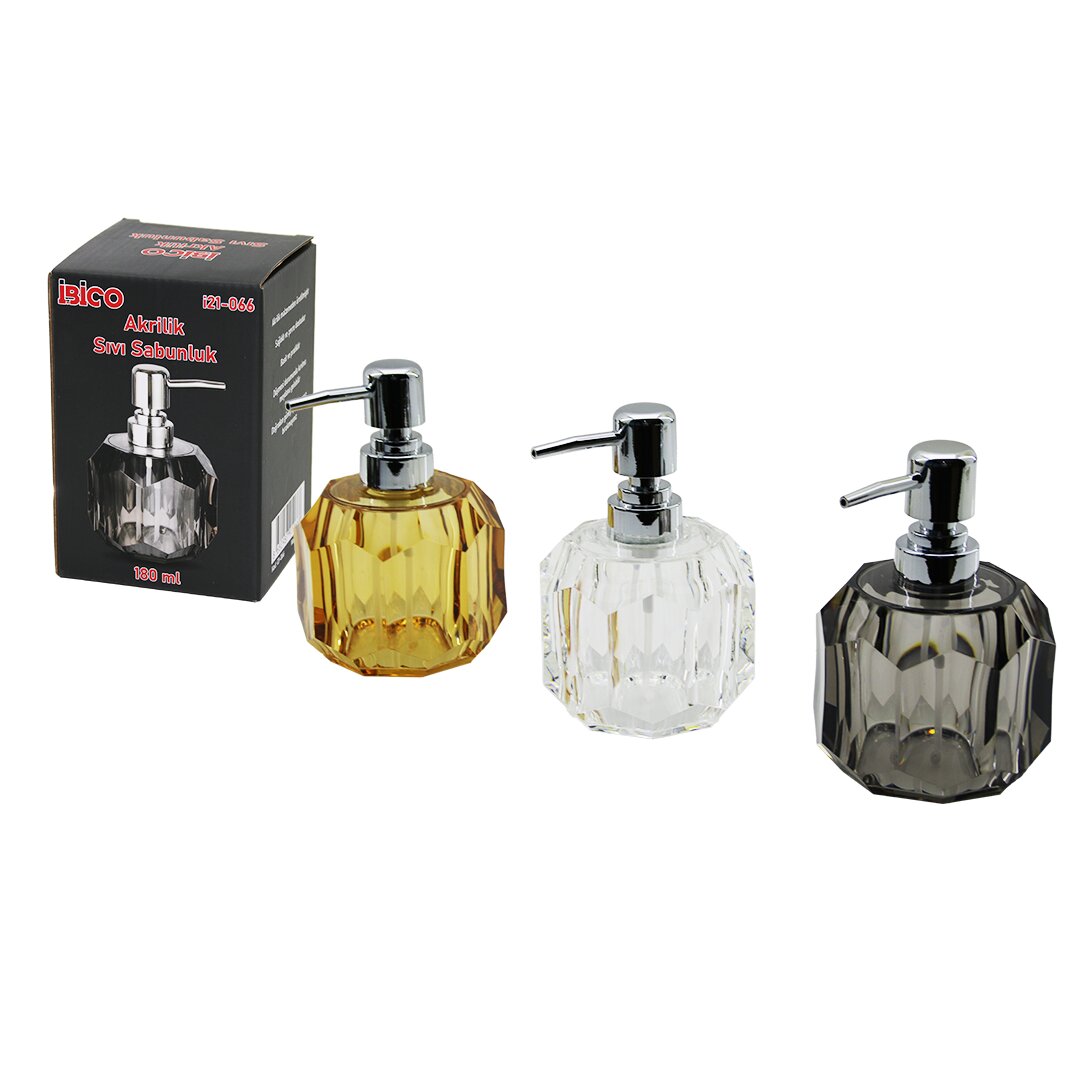 İBİCO İ21-066 ( TOMBUL ) ( YUVARLAK & PRİZMA ) (ŞEFFAF & RENKLİ ) ( AKRİLİK & MİKA KRİSTAL ) SIVI SABUNLUK ( 180ML )*48