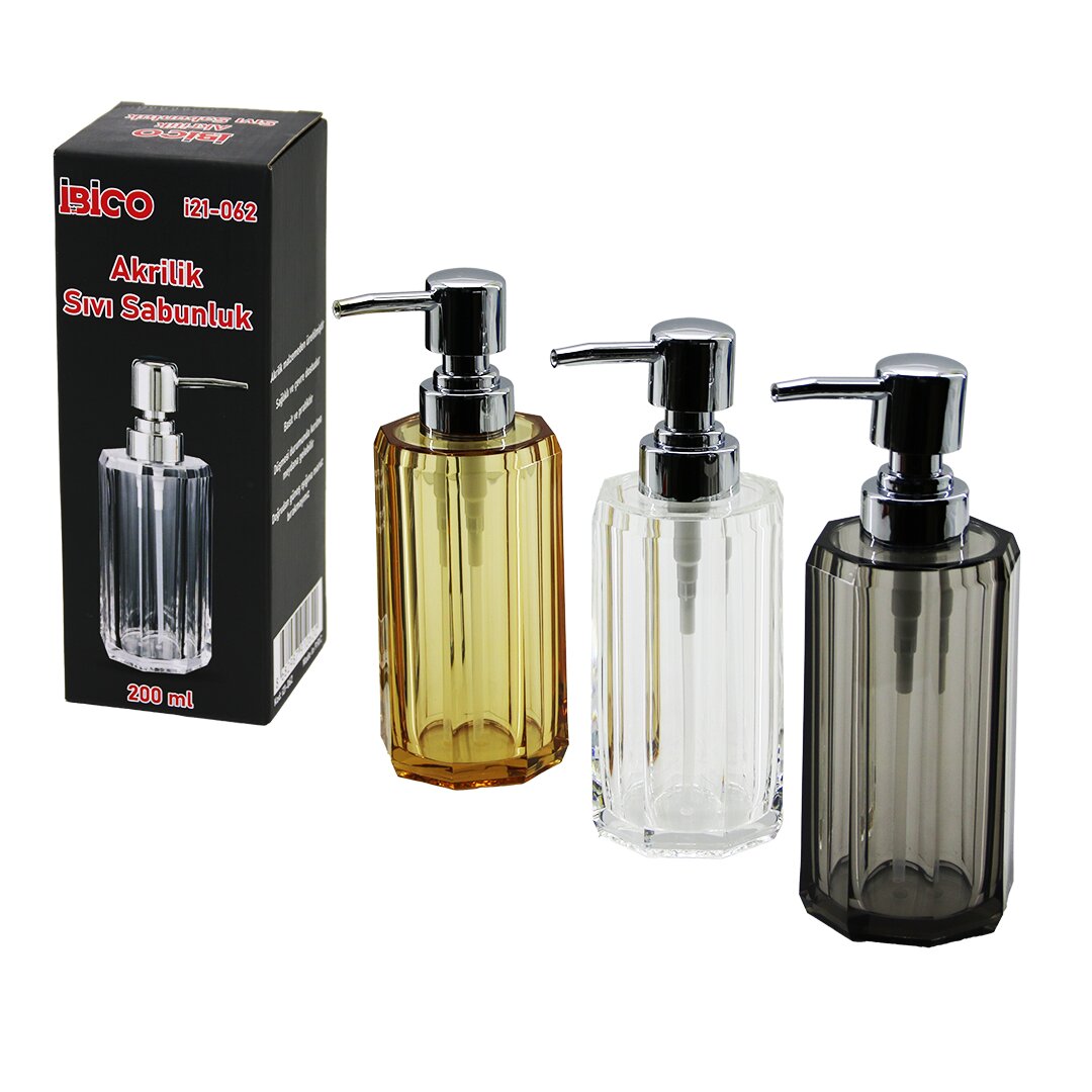 İBİCO İ21-062 ( UZUN ) ( SEKİZGEN ) ( ŞEFFAF & RENKLİ ) ( AKRİLİK & MİKA KRİSTAL ) SIVI SABUNLUK ( 200ML )*48