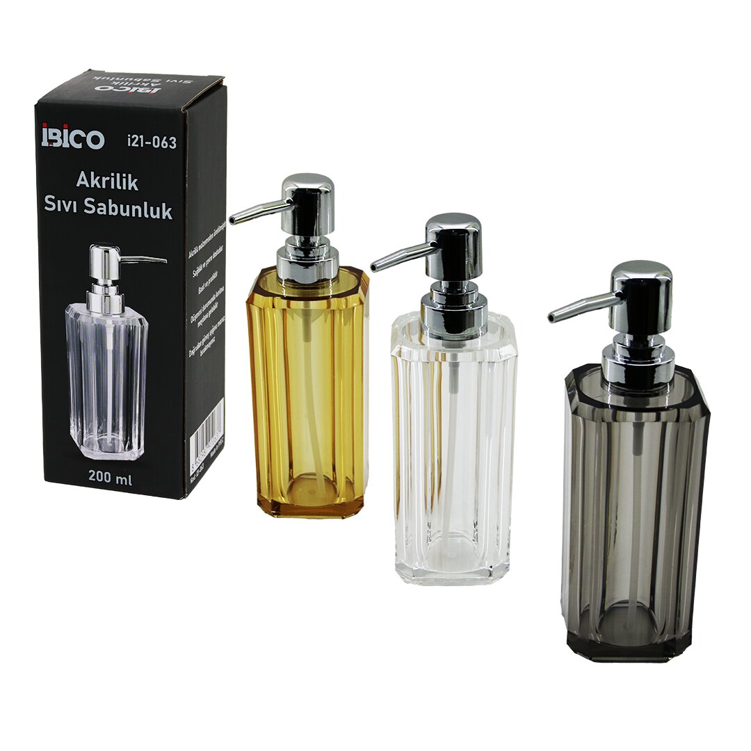 İBİCO İ21-063 (UZUN) (KARE TABAN & 4+4=8GEN GÖVDE) (ŞEFFAF & RENKLİ) (AKRİLİK & MİKA KRİSTAL) SIVI SABUNLUK (200ML)*48