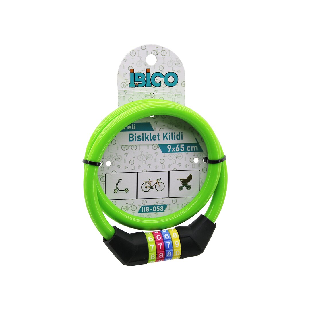 İBİCO İ18-058 ( ŞİFRELİ ) ( YEŞİL ) BİSİKLET KİLİT ( 9MMX65CM )*200
