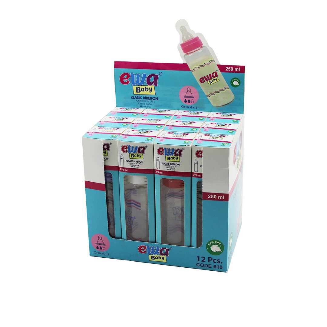EWA BABY CODE-610 ( POLİPROPİLEN PLASTİK ) ( KLASİK BİBERON ) ( ORTA AKIŞ ) ( ÖLÇEKLİ ) ( 250ML )*12X18