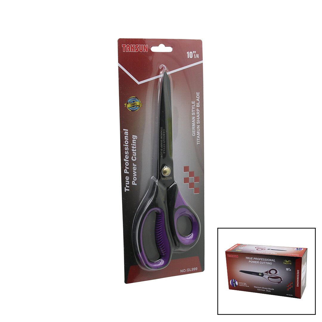 TAKSUN TRUE PROFESSIONAL GL-999 (10"¼) TERZİ MAKASI (GERMANY=ALMAN SİTİL) (RENKLİ PLS.& SİLİKON ERGONOMİK SAP) (BAKIR PİM)*12X10
