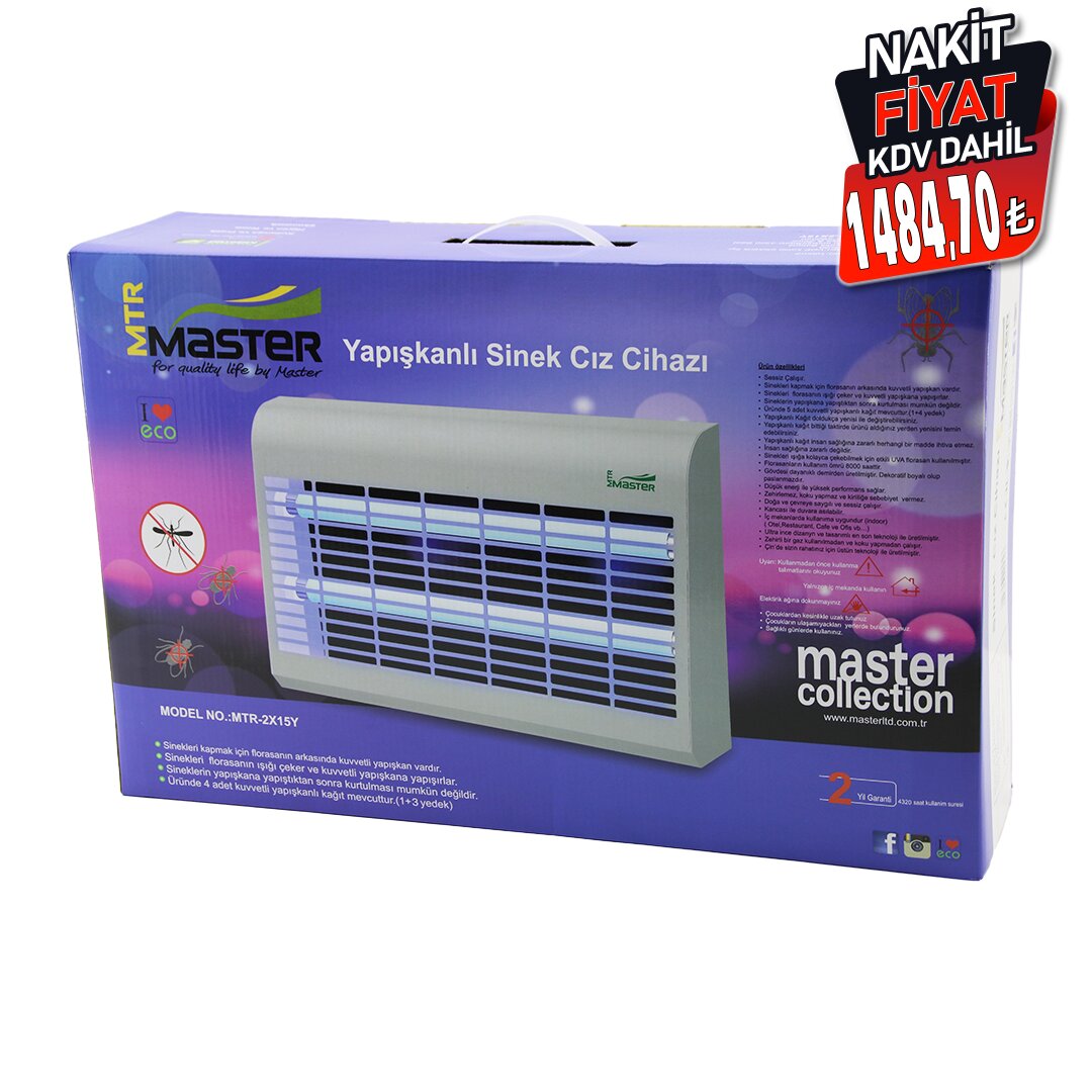 MASTER MTR-2X15(Y) ( YAPIŞKANLI ) SİNEK ÖLDÜRÜCÜ CIZ CİHAZI MAKİNE (30W) (2PCS LED FLORESAN) (100M2 ETKİLİ) (47.5X9.5X29CM)*4                     qwe08