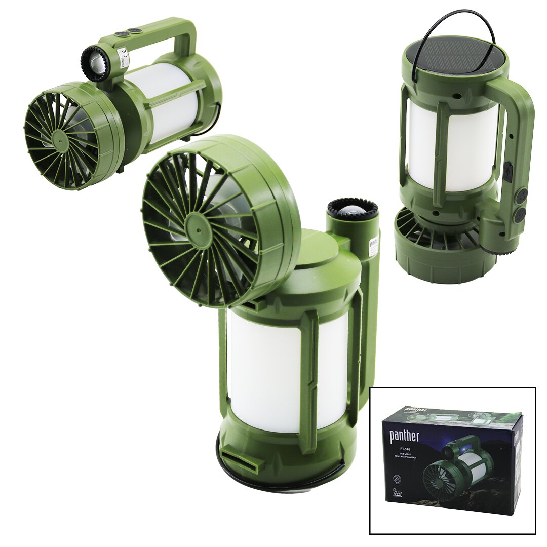 PANTHER PT-576 (3İN1=FAN & 2-FENER) (SOLAR & USB ŞARJ) VANTİLATÖR & KAMP LAMBA (FENER:10W+5W) (FAN=90° OYNAR BAŞ& TEK KADEME)*40