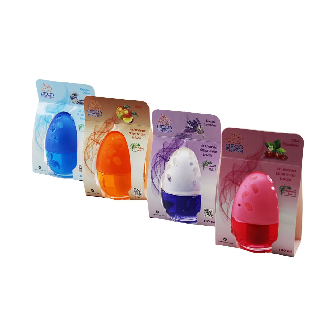 DECO FRESH ( KÜRE ) ( CAM ŞİŞE ) ODA & OTO KOKUSU PARFÜMÜ ( MİX=LAVANTA & OKYANUS & ÇİLEK & MANGO ) 100ML*16=K