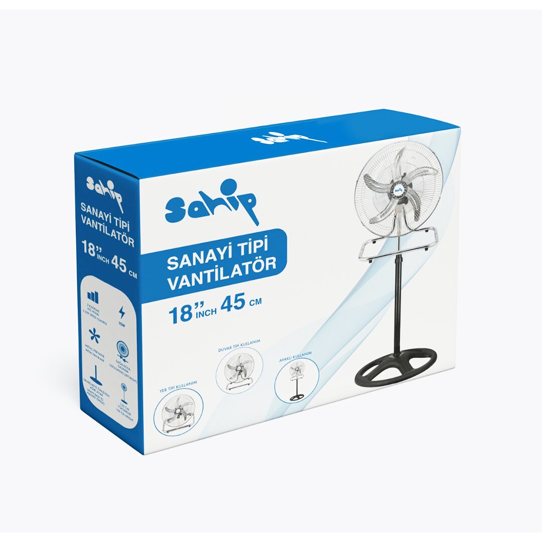 ( SP-20 ) SAHİP ( 3İN1 KULLANIM ) (18 İNC) (45 CM) (SANAYİ TİPİ) AYAKLI VANTİLATÖR (5-METAL PERVANE) (3-KADEME HIZ) (75W) (Y:150CM) FAN*1