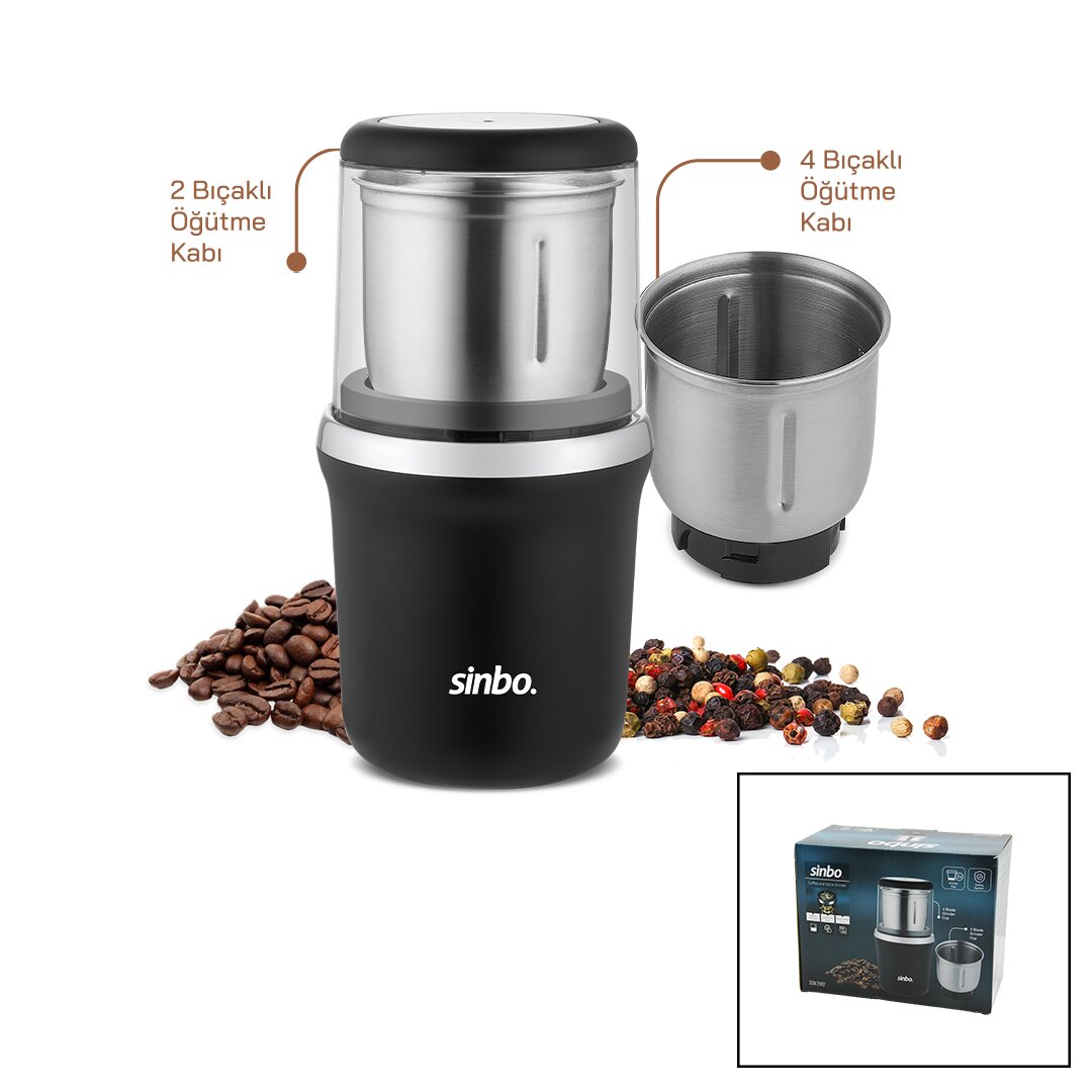 SİNBO SCM-2982 (ELEKTRİKLİ) KAHVE & BAHARAT ÖĞÜTÜCÜ MAKİNE (2PCS ÇELİK ÖĞÜTME HAZNE=2 BIÇAKLI & 4 BIÇAKLI) (100GR HAZNE) (200W)*4