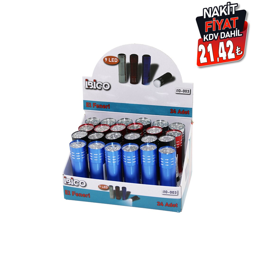İBİCO İ10-003 ( 9LED ) ( MİNİ BOY: 8CM & ÇAP: 2.3CM ) ( PİLLİ ) EL FENERİ ( METAL RENKLİ KASA )*24X20                     qwe001