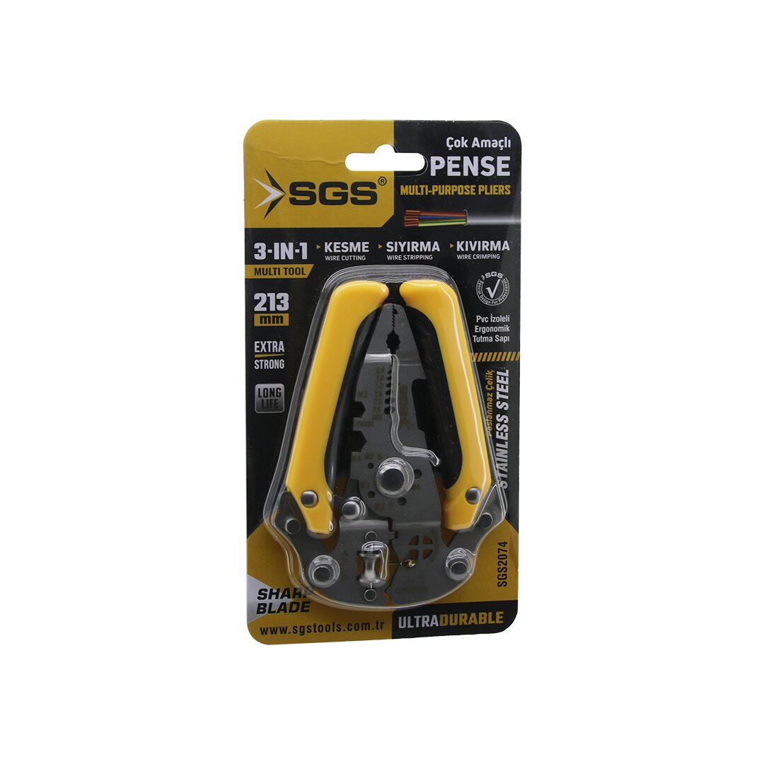 SGS-2074 ( 3İN1 ) ÇOK AMAÇLI ELEKTRİKÇİ PENSE ( KESME - SIYIRMA - KIVIRMA ) 213MM*100