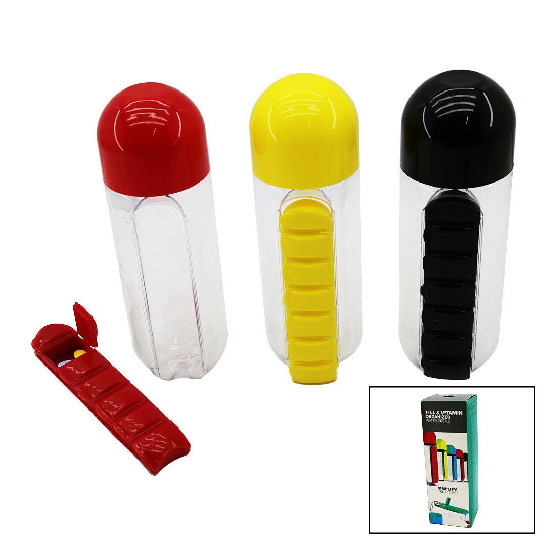 PILL & VITAMIN ORGANIZER-830-730 ( İLAÇ KUTULU ) PLASTİK SULUK MATARA ( RENKLİ BARDAK KAPAKLI ) 600ML*60                     qwe012