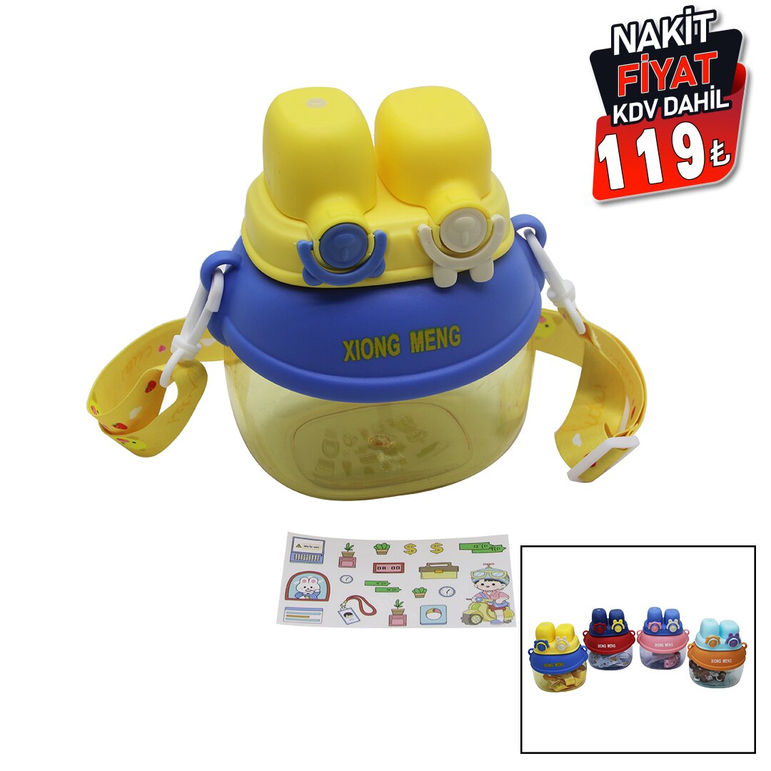 XIONG MENG-2029 ( YÜZ MODELİ  & 2 KİLİTLİ KAPAK  ) RENKLİ MİKA KRİSTAL SULUK MATARA PİPETLİ & NAYLON ÇANTALI & ASKILI 1280ML*50                     qwe012