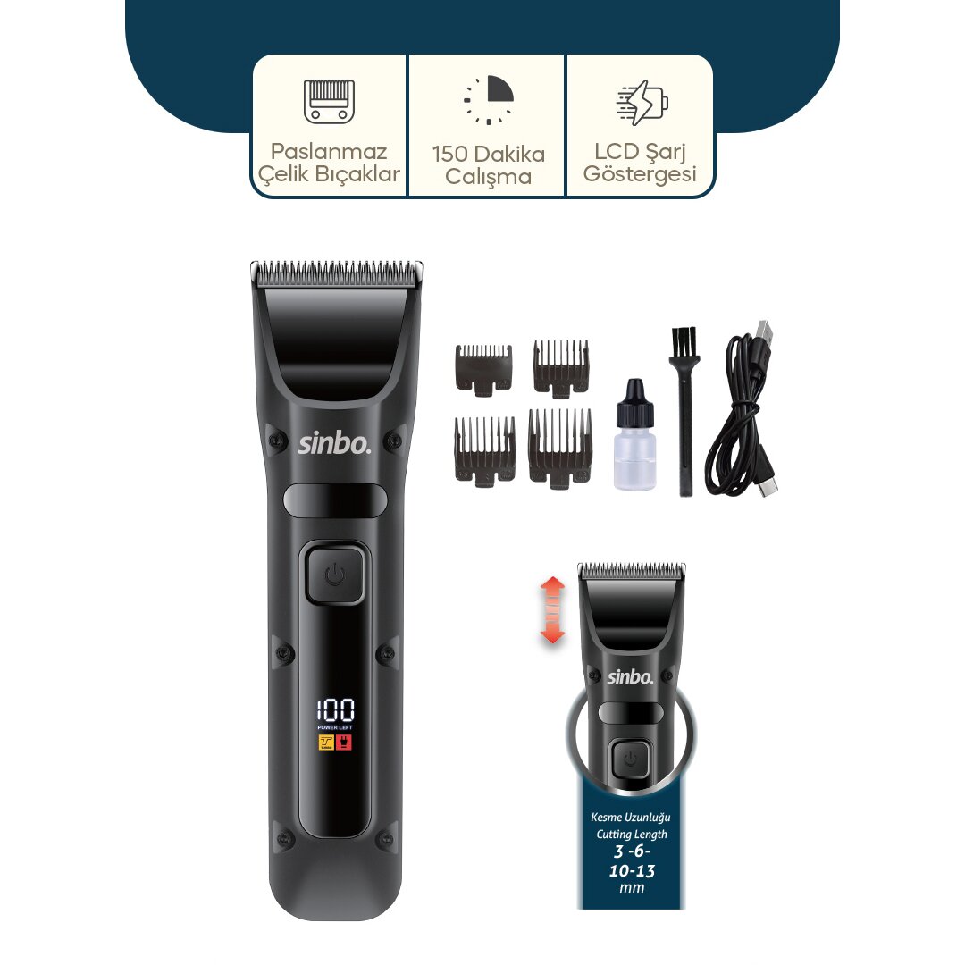 SİNBO SHC-1911 ( USB ŞARJLI & LCD GÖSTERGELİ ) SAÇ & SAKAL KESME TRAŞ MAKİNESİ*12