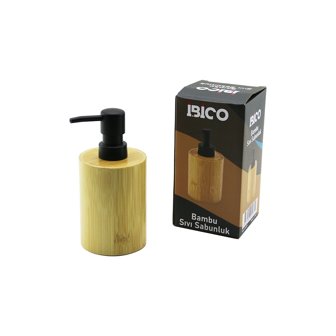 İBİCO İ21-071 ( YUVARLAK ) AHŞAP BAMBU SIVI SABUNLUK ( SİYAH PLASTİK POMPA ) ( ÇAP: 8CM & Y: 11CM )*48