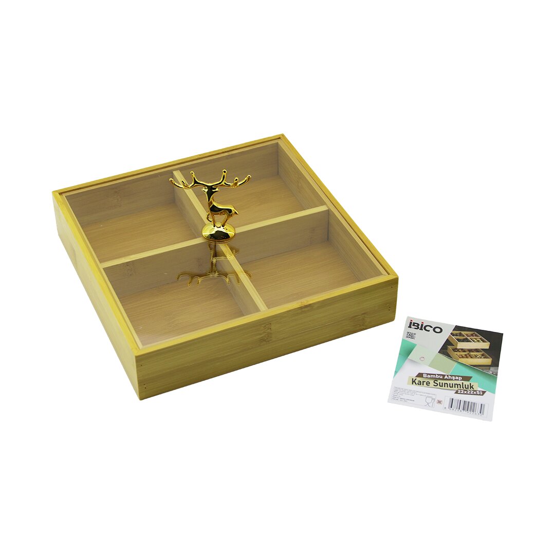 İBİCO İ22-263 ( KARE )( 4 BÖLMELİ=2IN1=BÖLMESİZ ÇOK AMAÇLI KUTU ) AHŞAP BAMBU SERVİS SUNUM TEPSİ & TAHTASI ( 22X22X5CM )*20