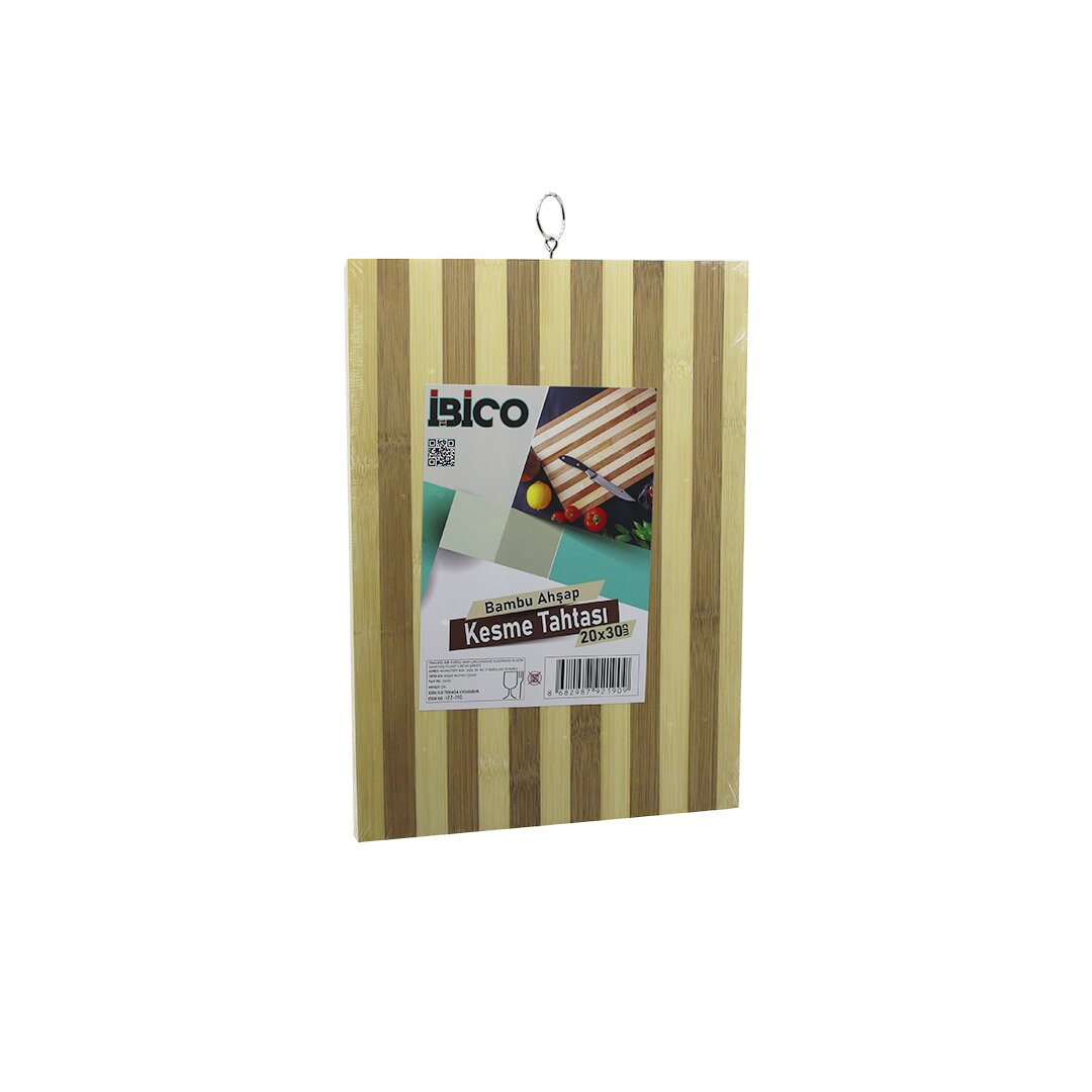 İBİCO İ22-188 ( 20 X 30 X 1.4CM ) ( BEYAZ ÇİZGİLİ ) AHŞAP BAMBU KESİM PANOSU & KESME TAHTASI ( METAL KULPLU )*30