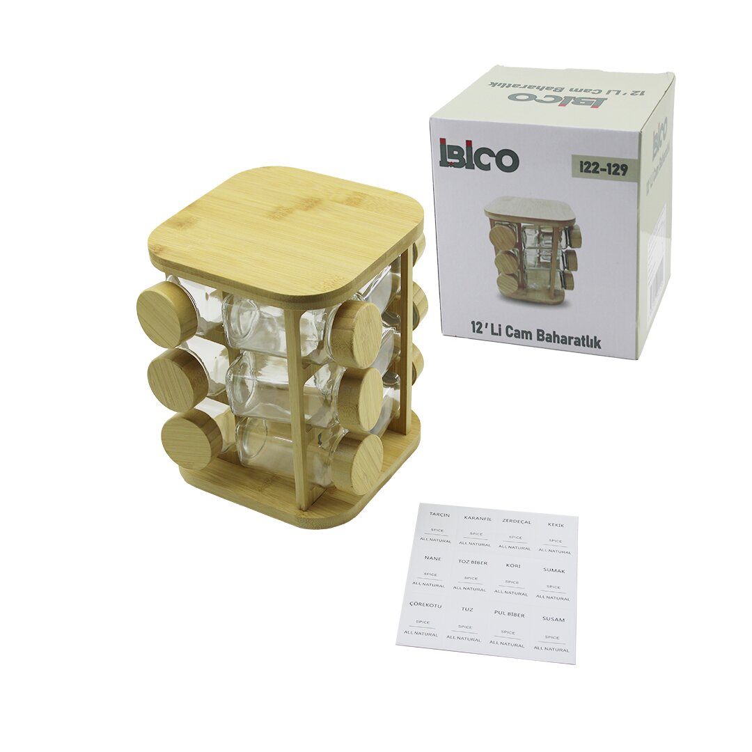 İBİCO İ22-129 ( 12PCS ) ( KARE & DÖNER STANDLI ) ( CAM ) ( BAMBU KAPAK ) TUZLUK & BAHARATLIK SETİ ( BAMBU STAND=17X17CM & Y: 21CM )*12 İBİCO İ22-129 ( 12PCS ) ( KARE & DÖNER STANDLI ) ( CAM ) ( BAMBU KAPAK ) TUZLUK & BAHARATLIK SETİ ( BAMBU STAND=17X17CM & Y: 21CM )*12