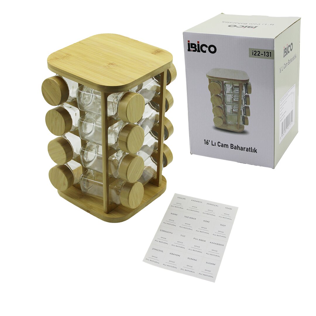 İBİCO İ22-131 ( 16PCS ) ( KARE & DÖNER STANDLI ) ( CAM ) ( BAMBU KAPAK ) TUZLUK & BAHARATLIK SETİ ( BAMBU STAND= 17X17CM & Y: 26.5CM )*8 İBİCO İ22-131 ( 16PCS ) ( KARE & DÖNER STANDLI ) ( CAM ) ( BAMBU KAPAK ) TUZLUK & BAHARATLIK SETİ ( BAMBU STAND= 17X17CM & Y: 26.5CM )*8
