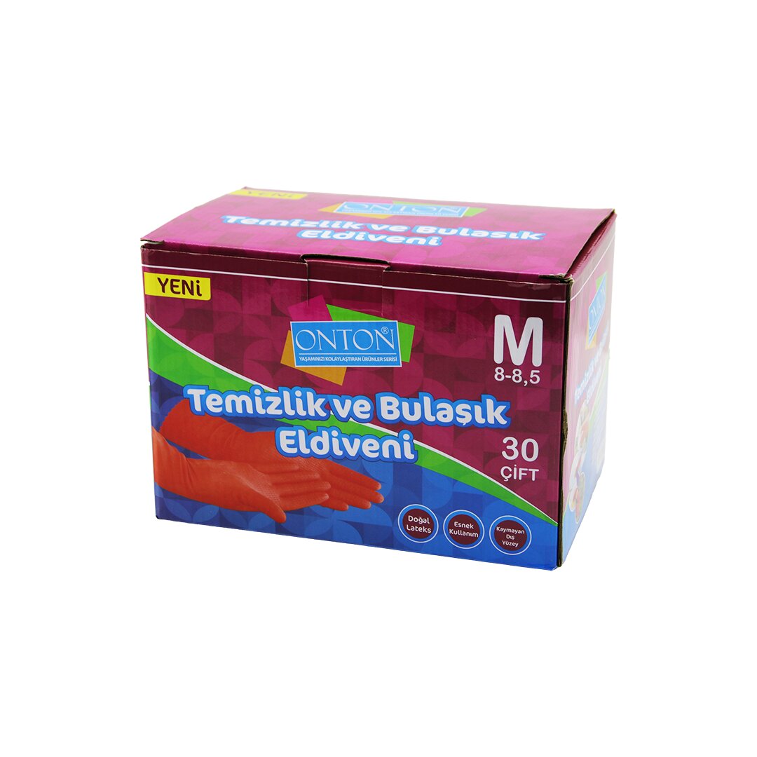 ONTON ELD-M06 ( M ) ( MEDIUM=ORTA) ( 8-8.5 ) TEMİZLİK & BULAŞIK ELDİVENİ  ( DOĞAL LATEKS )*30X8