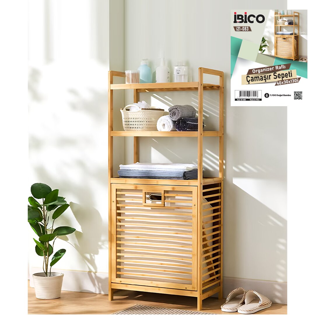 İBİCO İ21-083 ( 3 KAT ORGANİZER RAFLI ) ( ÖNDEN ÇEK AÇ ) ( AHŞAP BAMBU ) KİRLİ ÇAMAŞIR SEPETİ ( 40X30X130CM )*4