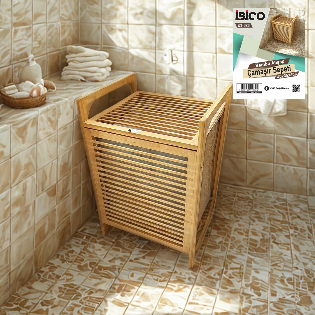 İBİCO İ21-080 ( ÜSTTEN AÇILIR ) ( AHŞAP BAMBU ) KİRLİ ÇAMAŞIR SEPETİ ( KUMAŞ ÇANTALI ) ( SEPET=40X35X60CM )*6