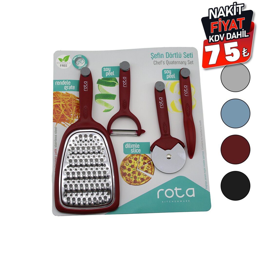 ROTA RT-326 ( ŞEFİN 4LÜ SETİ ) (1-ÇİFT TARAFLI RENDE & 1-PİZZA RULETİ & 1-SAPAN SOYACAK & 1-KALEM SOYACAK )(RENKLİ PLS.SAPLI)*24=K ROTA RT-326 ( ŞEFİN 4LÜ SETİ ) (1-ÇİFT TARAFLI RENDE & 1-PİZZA RULETİ & 1-SAPAN SOYACAK & 1-KALEM SOYACAK )(RENKLİ PLS.SAPLI)*24=K