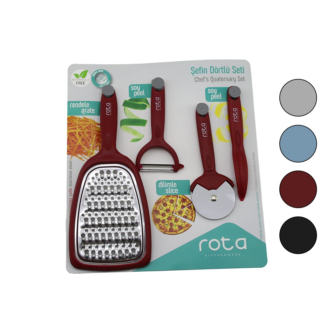 ROTA RT-326 ( ŞEFİN 4LÜ SETİ ) (1-ÇİFT TARAFLI RENDE & 1-PİZZA RULETİ & 1-SAPAN SOYACAK & 1-KALEM SOYACAK )(RENKLİ PLS.SAPLI)*24=K ROTA RT-326 ( ŞEFİN 4LÜ SETİ ) (1-ÇİFT TARAFLI RENDE & 1-PİZZA RULETİ & 1-SAPAN SOYACAK & 1-KALEM SOYACAK )(RENKLİ PLS.SAPLI)*24=K