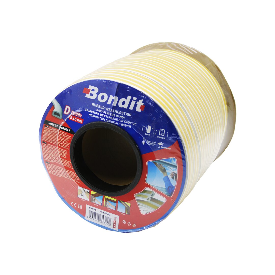 BONDİT BNP-01 ( BEYAZ ) 100MT (2X50MT) ( BOBİN FİTİL ) ( KAPI & PENCERE ) BANT ( D PROFİL ) ( 9X6MM)*8 BONDİT BNP-01 ( BEYAZ ) 100MT (2X50MT) ( BOBİN FİTİL ) ( KAPI & PENCERE ) BANT ( D PROFİL ) ( 9X6MM)*8