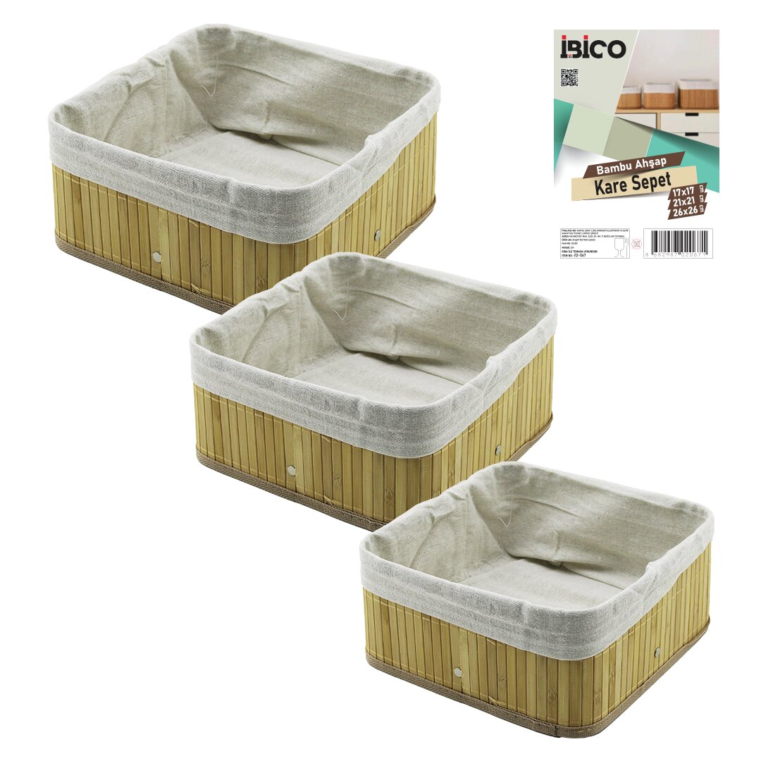 İBİCO İ12-067 ( 3 BOY ) ( KARE ) ( BAMBU KENAR ) ORGANİZER SEPET ( AHŞAP ALTLIK & BEZLİ ) ( 17X17-21X21-26X26CM )*24 İBİCO İ12-067 ( 3 BOY ) ( KARE ) ( BAMBU KENAR ) ORGANİZER SEPET ( AHŞAP ALTLIK & BEZLİ ) ( 17X17-21X21-26X26CM )*24
