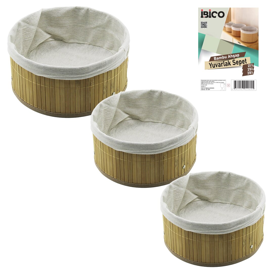 İBİCO İ12-069 ( 3 BOY ) ( YUVARLAK ) ( BAMBU KENAR ) ORGANİZER SEPET ( AHŞAP ALTLIK & BEZLİ ) ( 21X25X28CM )*24 İBİCO İ12-069 ( 3 BOY ) ( YUVARLAK ) ( BAMBU KENAR ) ORGANİZER SEPET ( AHŞAP ALTLIK & BEZLİ ) ( 21X25X28CM )*24