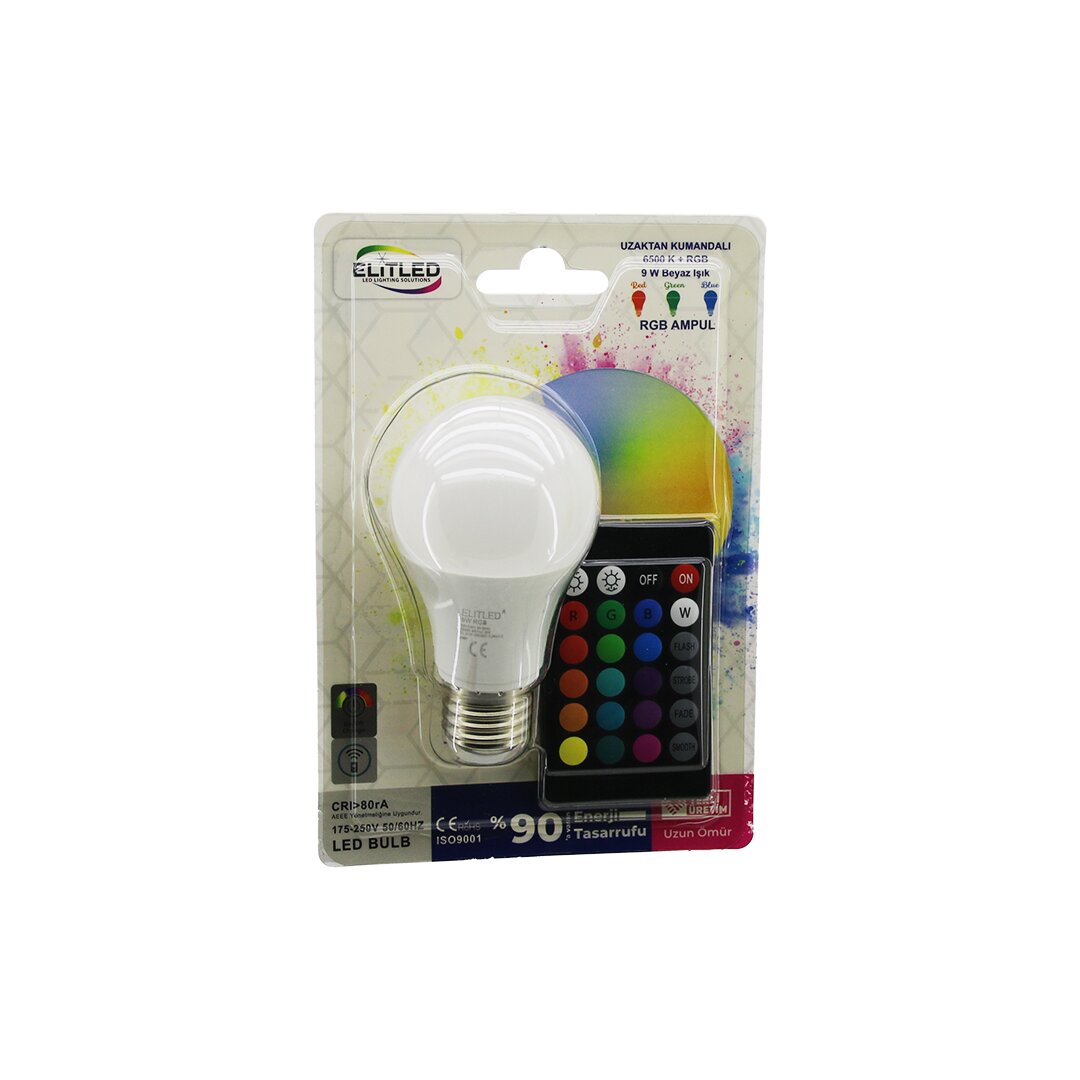 ATC-RGB-9W ( KUMANDALI ) ( 9W=60W ) (RGB=16-RENKLİ) LED AMPUL (E27) (800 LÜMEN) (6500K) (25.000 SAAT ÖMÜR)*40