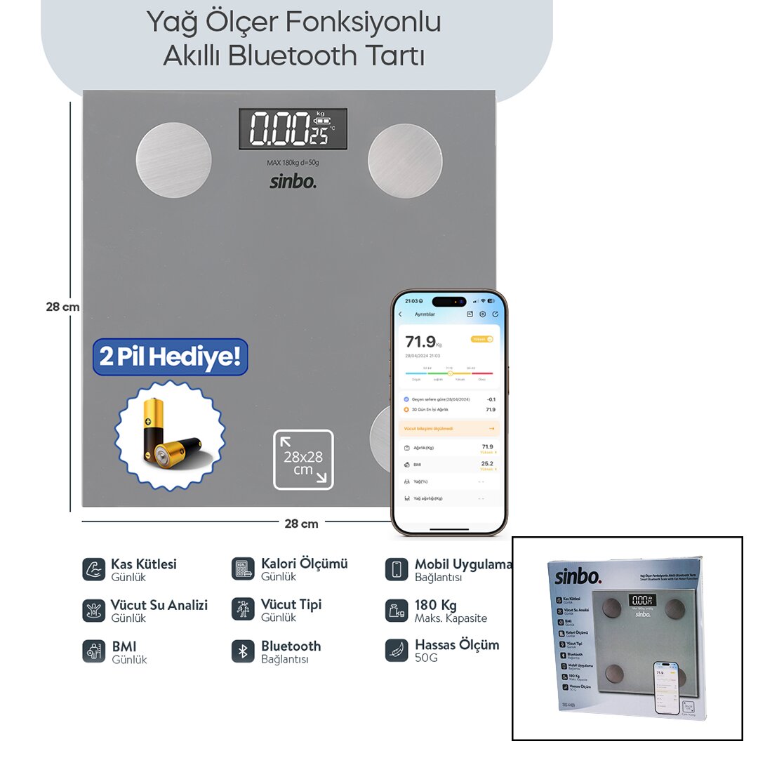 SİNBO SBS-4469 ( GRİ ) (YAĞ ÖLÇER) AKILLI (BLUETOOTH) CAM BASKÜL (PİLLİ) (180KG/50GR) (28X28CM) (8-KİŞİ HAFIZA) (LCD EKRAN) (℃ GÖSTERGE)*10 SİNBO SBS-4469 ( GRİ ) (YAĞ ÖLÇER) AKILLI (BLUETOOTH) CAM BASKÜL (PİLLİ) (180KG/50GR) (28X28CM) (8-KİŞİ HAFIZA) (LCD EKRAN) (℃ GÖSTERGE)*10