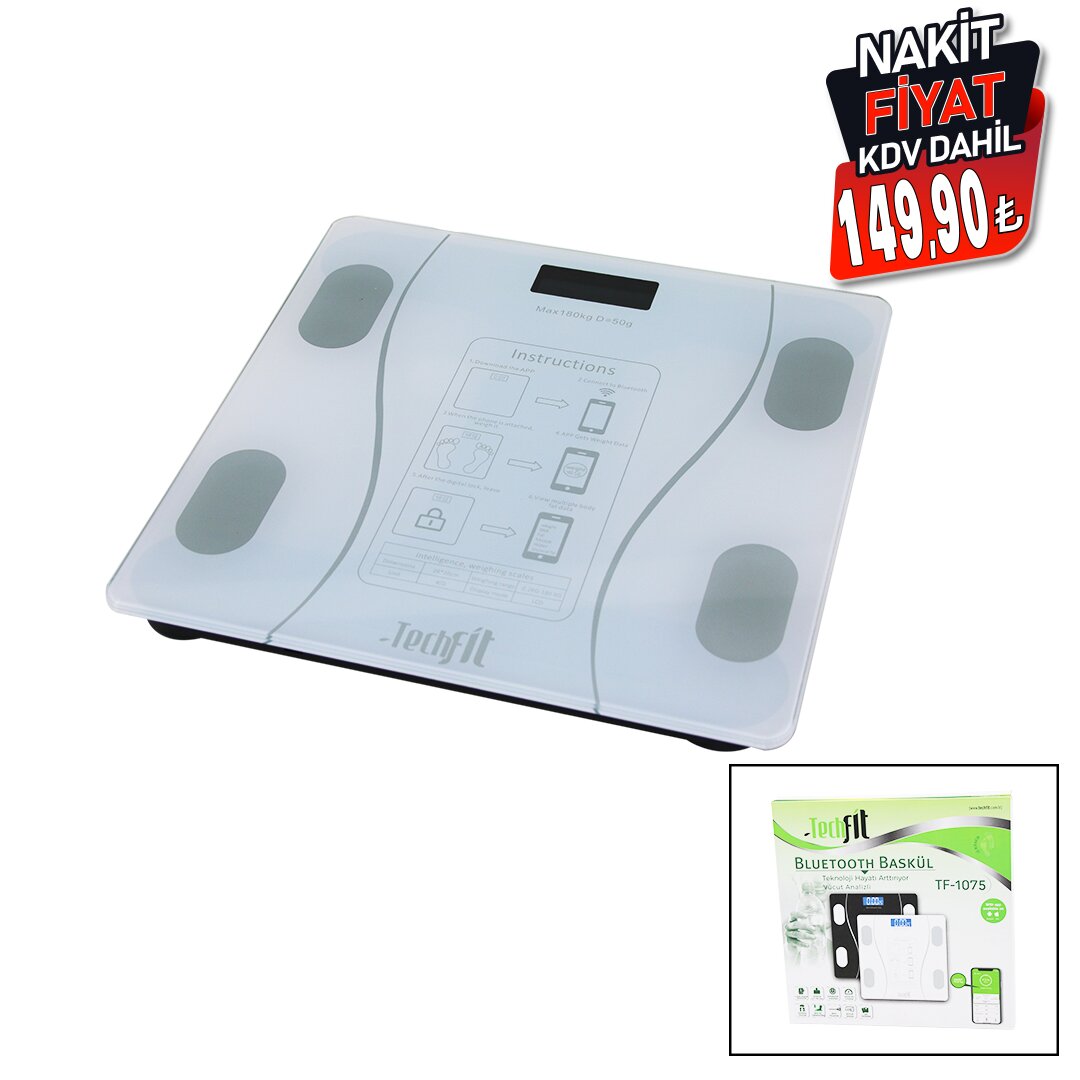 TECHFİT TF-1075 ( BLUETOOTH & VÜCUT ANALİZLİ ) DİJİTAL BASKÜL TERAZİ TARTI ( 180KG/50G ) ( YAĞ &SU &KAS ORAN &BMI &ODA ℃)*20