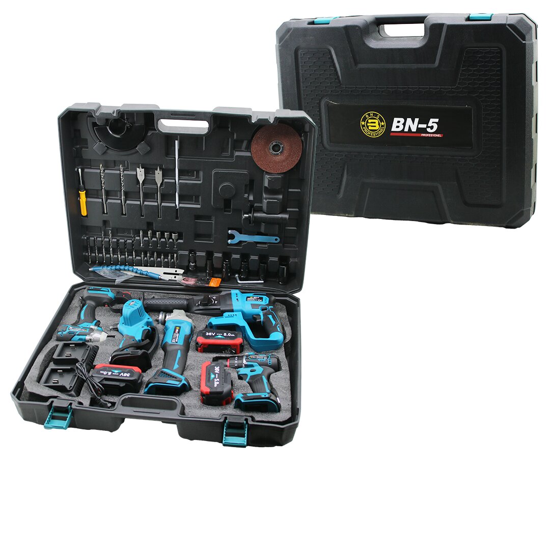 BN-5 (5PCS) (USTA ELEKTRİKLİ ALET SETİ) (ŞARJLI=36V &5.0Ah) ( MATKAP & HİLTİ & TAŞLAMA & SOMUN SÖKME & DAL BUDAMA TESTERE ) PLASTİK ÇANTALI*2