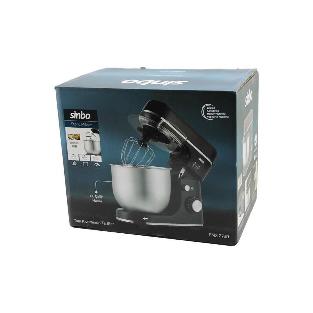 SİNBO SMX-2769 ( SİYAH ) STANDLI MİKSER ( ÇIRPICI & HAMUR YOĞURUCU & KARIŞTIRICI ) ( 8 KADEME HIZ AYAR ) ( 6L ÇELİK HAZNE ) (1300W)*1