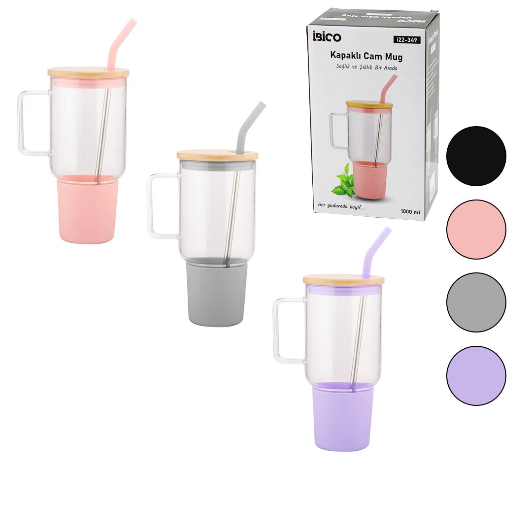 İBİCO İ22-349 ( CAM ) ( 1000ML ) MATARA & SULUK ( BAMBU KAPAK & SIZDIRMAZ SİLİKONLU ) ( ÇELİK PİPET ) ( KORUYUCU SİLİKON ALTLIK & KILIF )*24