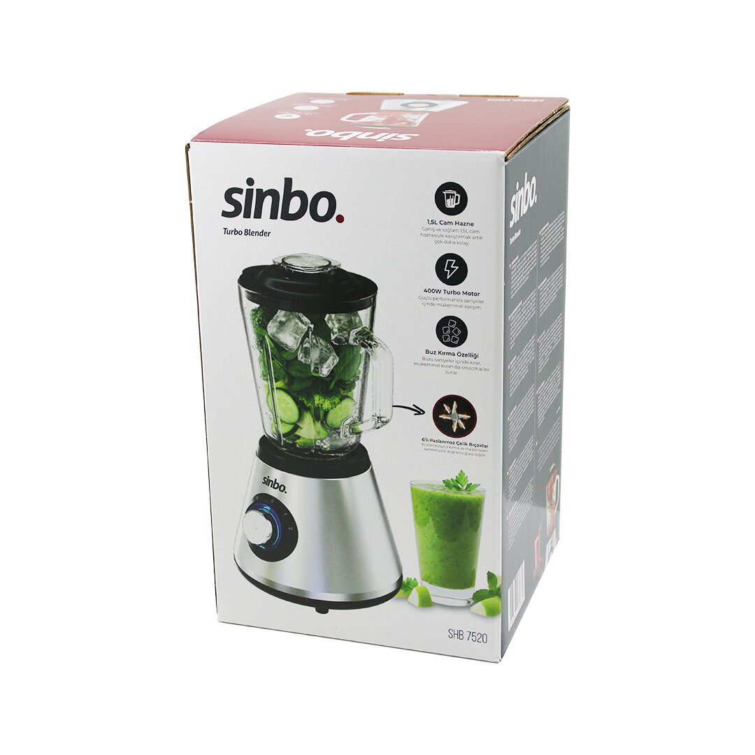 SİNBO SHB-7520 (TURBO) DOĞRAYICI BLENDER (BUZ KIRICI) (6LI BIÇAK=PASLANMAZ ÇELİK & 1.5LT CAM HAZNE) (2 KADEME HIZ) (400W) (18000 DEVİR/DK) (HAZNE=1.6LT)*4 SİNBO SHB-7520 (TURBO) DOĞRAYICI BLENDER (BUZ KIRICI) (6LI BIÇAK=PASLANMAZ ÇELİK & 1.5LT CAM HAZNE) (2 KADEME HIZ) (400W) (18000 DEVİR/DK) (HAZNE=1.6LT)*4