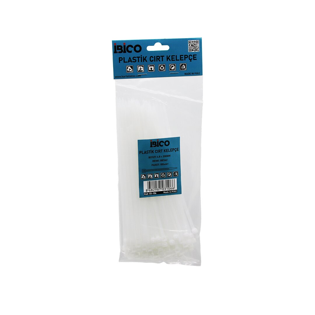 İBİCO İ13-106 ( BEYAZ ) ( 4.8X200MM ) ( PLASTİK ) CIRT KELEPÇE ( KABLO BAĞI ) ( 100PCS )*10X18